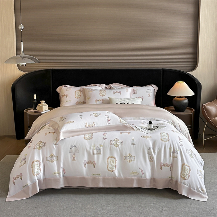 91家纺网 家纺一手货源 找家纺 蓝米卡夫 2026夏季新款50S天丝数码印花夏被夏凉被空调被四件套 洛丽塔-粉