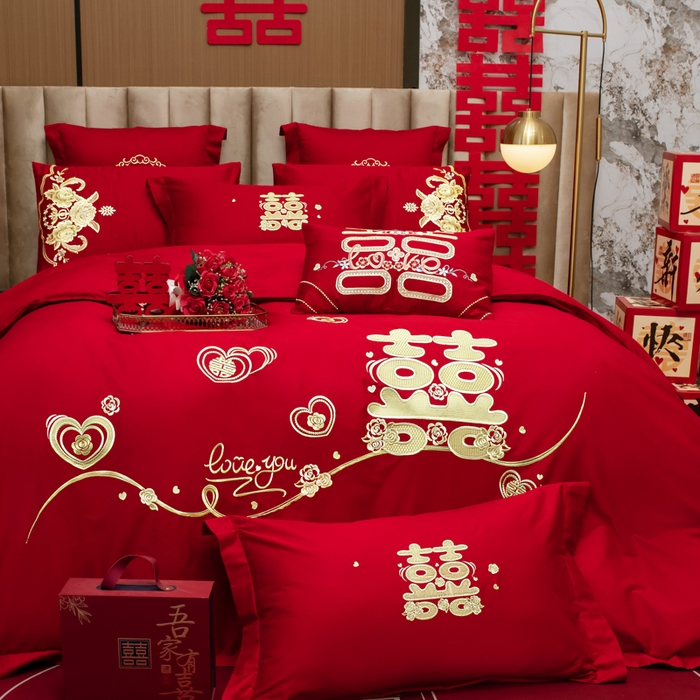 91家纺网 家纺一手货源 找家纺 千禧家纺 2026新款全棉13372婚庆绣花系列 心动爱恋