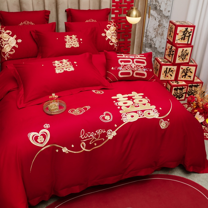 91家纺网 家纺一手货源 找家纺 千禧家纺 2026新款全棉13372婚庆绣花系列 心动爱恋