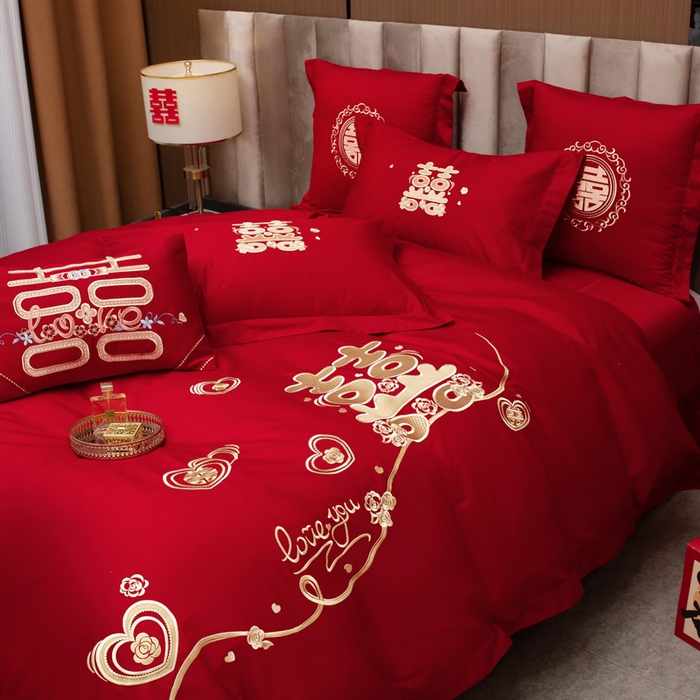 91家纺网 家纺一手货源 找家纺 千禧家纺 2026新款全棉13372婚庆绣花系列 心动爱恋