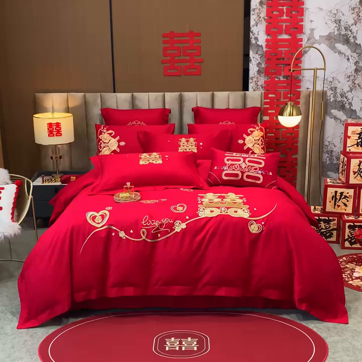 91家纺网 家纺一手货源 找家纺 千禧家纺 2026新款全棉13372婚庆绣花系列 心动爱恋