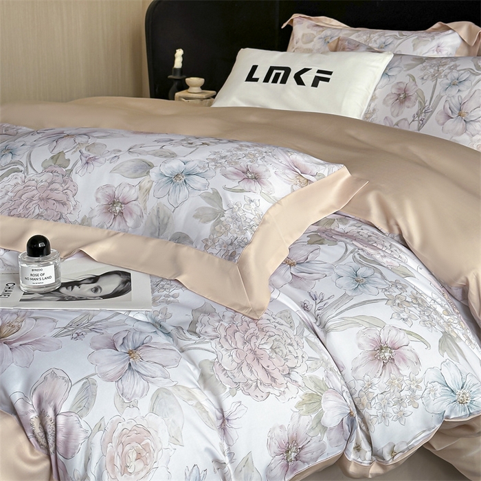 91家纺网 家纺一手货源 找家纺 蓝米卡夫 2026夏季新款50S天丝数码印花夏被夏凉被空调被四件套 山樱觅-粉