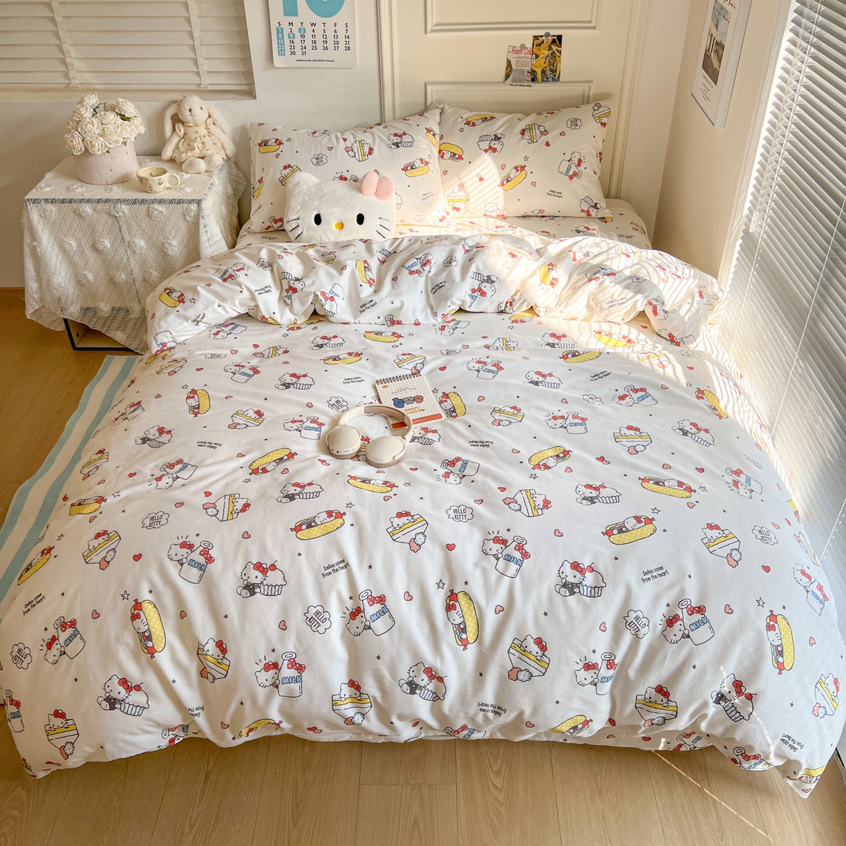 91家纺网 家纺一手货源 找家纺 耀悦家纺 2026新款纯棉四件套正版授权三丽鸥卡通床单床笠被套枕套 Hello Kitty牛奶