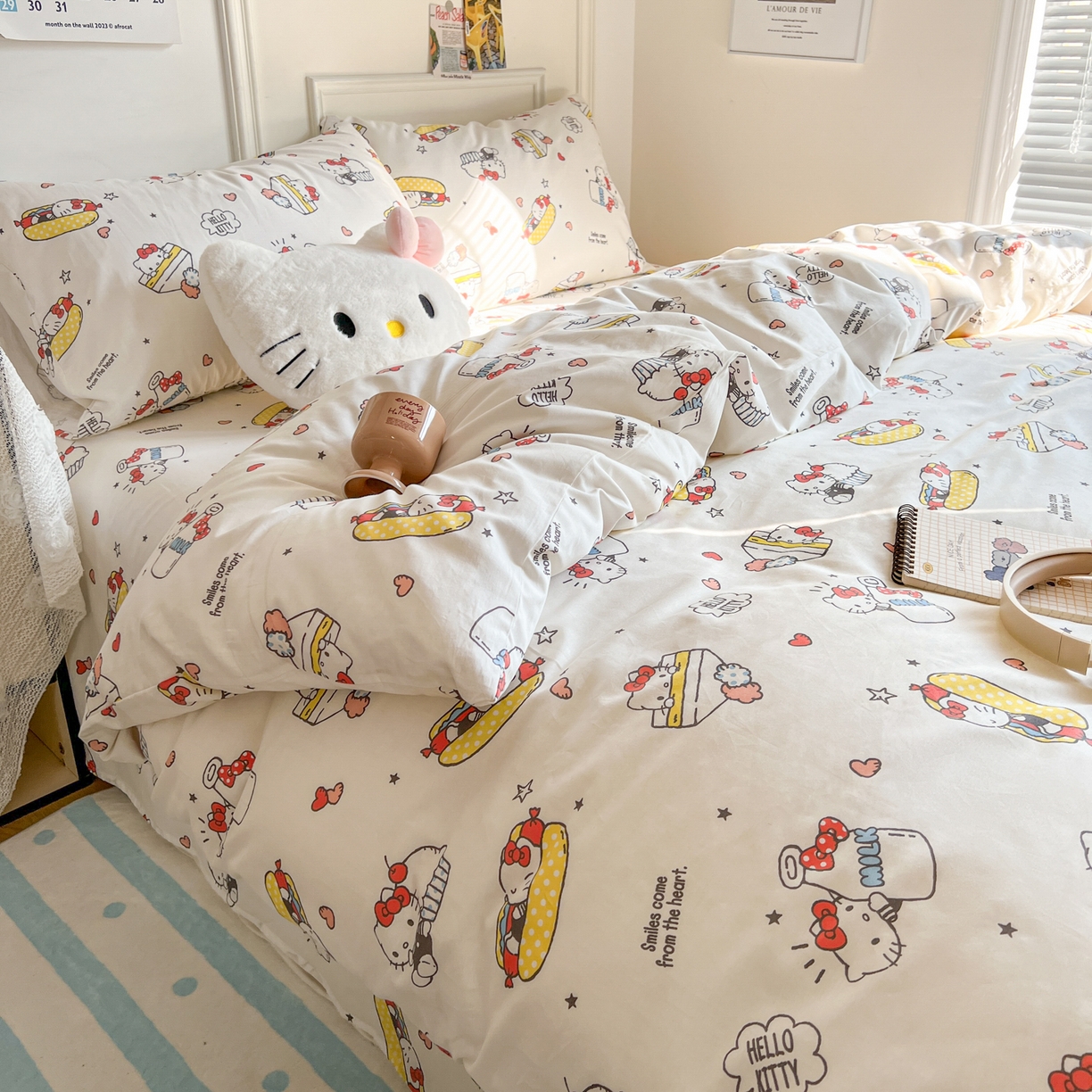 91家纺网 家纺一手货源 找家纺 耀悦家纺 2026新款纯棉四件套正版授权三丽鸥卡通床单床笠被套枕套 Hello Kitty牛奶