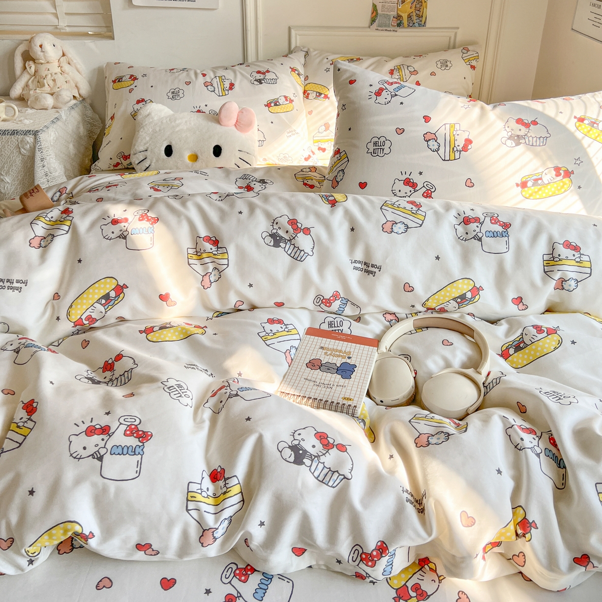 91家纺网 家纺一手货源 找家纺 耀悦家纺 2026新款纯棉四件套正版授权三丽鸥卡通床单床笠被套枕套 Hello Kitty牛奶