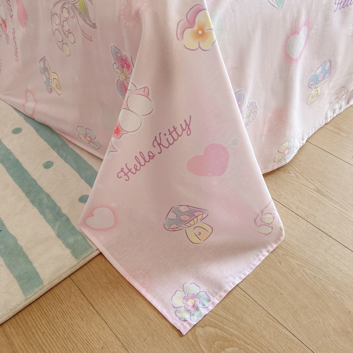 91家纺网 家纺一手货源 找家纺 耀悦家纺 2026新款纯棉四件套正版授权三丽鸥卡通床单床笠被套枕套 Hello Kitty仙草