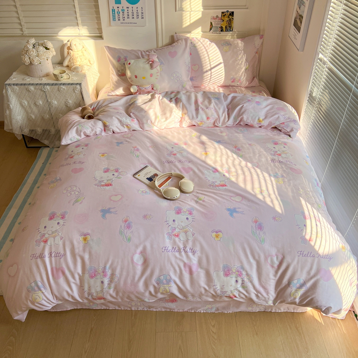 91家纺网 家纺一手货源 找家纺 耀悦家纺 2026新款纯棉四件套正版授权三丽鸥卡通床单床笠被套枕套 Hello Kitty仙草