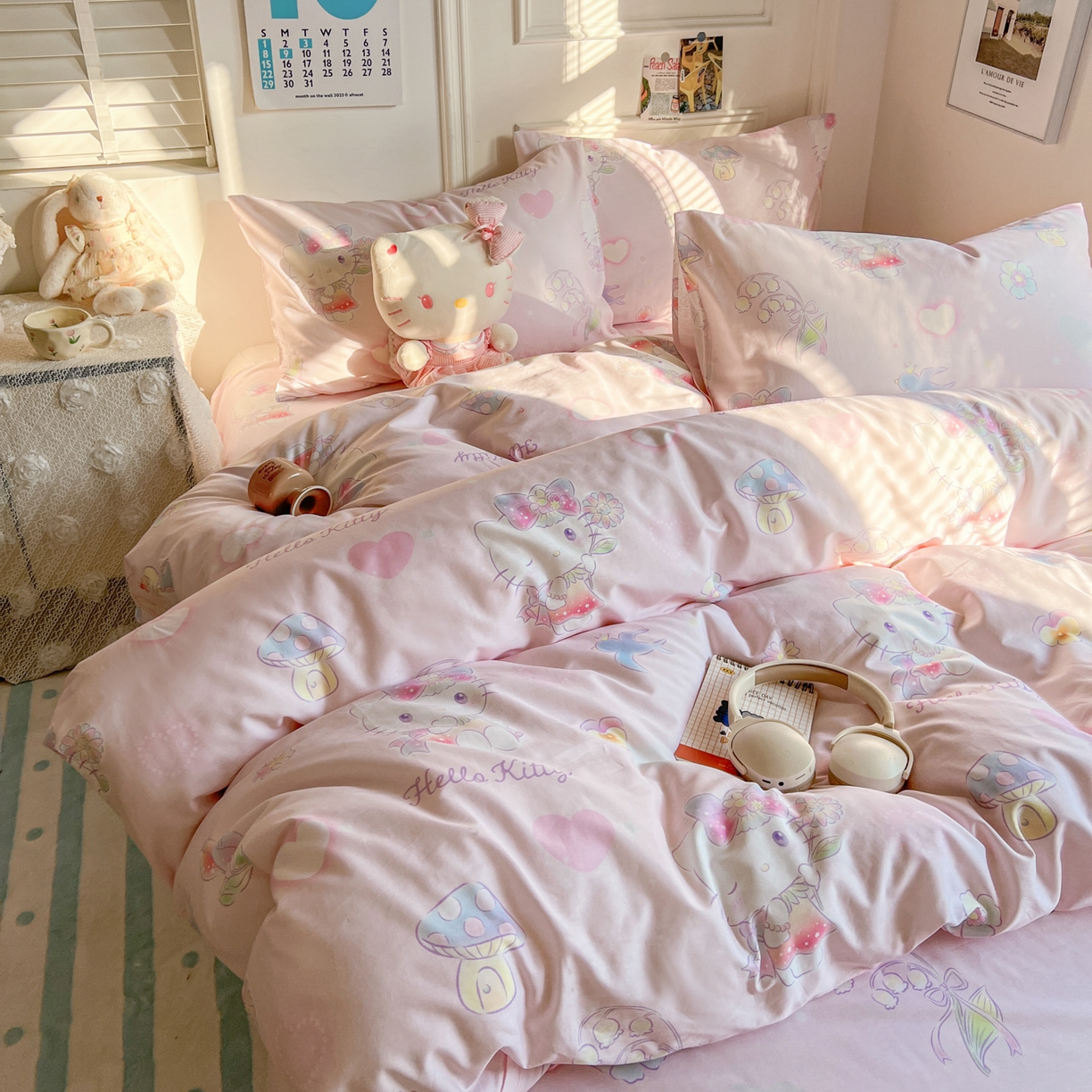 91家纺网 家纺一手货源 找家纺 耀悦家纺 2026新款纯棉四件套正版授权三丽鸥卡通床单床笠被套枕套 Hello Kitty仙草