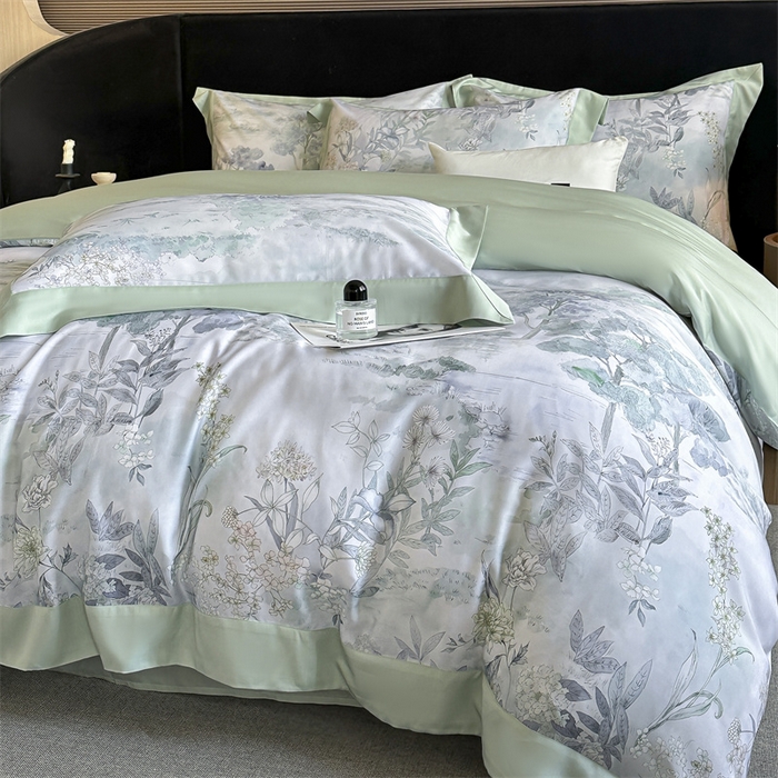 91家纺网 家纺一手货源 找家纺 蓝米卡夫 2026夏季新款50S天丝数码印花夏被夏凉被空调被四件套 远山黛-兰