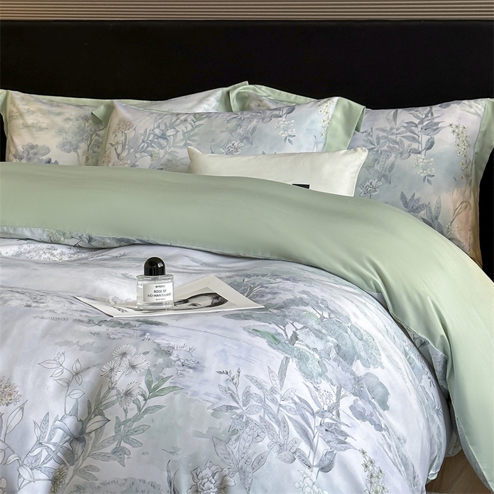 91家纺网 家纺一手货源 找家纺 蓝米卡夫 2026夏季新款50S天丝数码印花夏被夏凉被空调被四件套 远山黛-兰