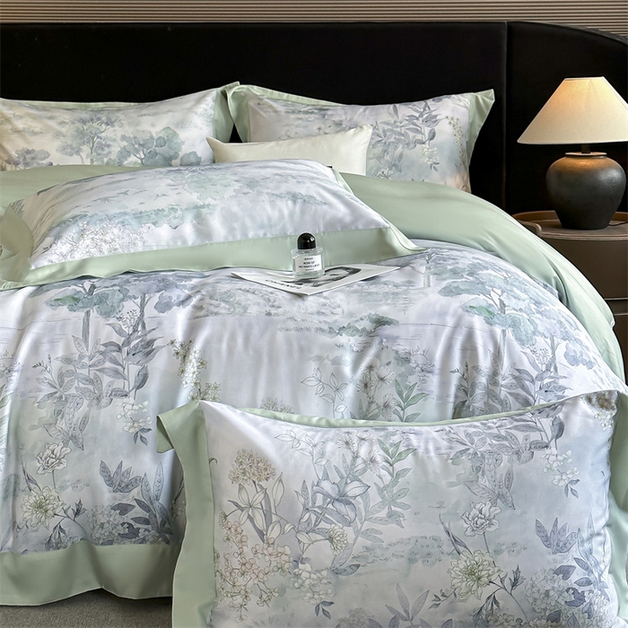 91家纺网 家纺一手货源 找家纺 蓝米卡夫 2026夏季新款50S天丝数码印花夏被夏凉被空调被四件套 远山黛-兰