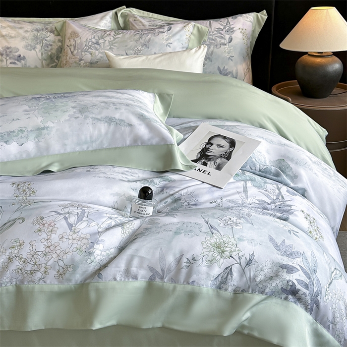 91家纺网 家纺一手货源 找家纺 蓝米卡夫 2026夏季新款50S天丝数码印花夏被夏凉被空调被四件套 远山黛-兰