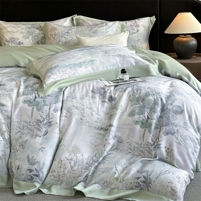 91家纺网 家纺一手货源 找家纺 蓝米卡夫 2026夏季新款50S天丝数码印花夏被夏凉被空调被四件套 远山黛-兰