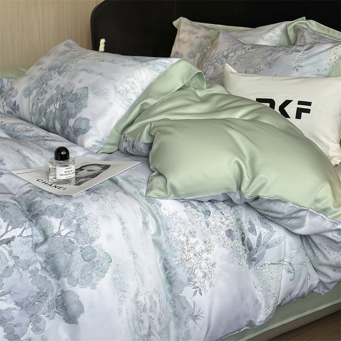 91家纺网 家纺一手货源 找家纺 蓝米卡夫 2026夏季新款50S天丝数码印花夏被夏凉被空调被四件套 远山黛-兰