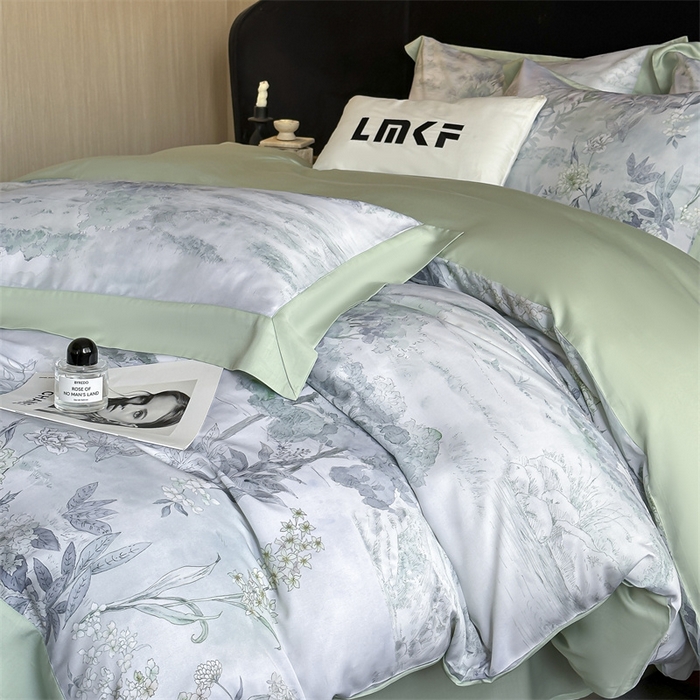 91家纺网 家纺一手货源 找家纺 蓝米卡夫 2026夏季新款50S天丝数码印花夏被夏凉被空调被四件套 远山黛-兰