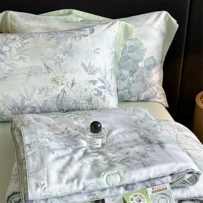 91家纺网 家纺一手货源 找家纺 蓝米卡夫 2026夏季新款50S天丝数码印花夏被夏凉被空调被四件套 远山黛-兰