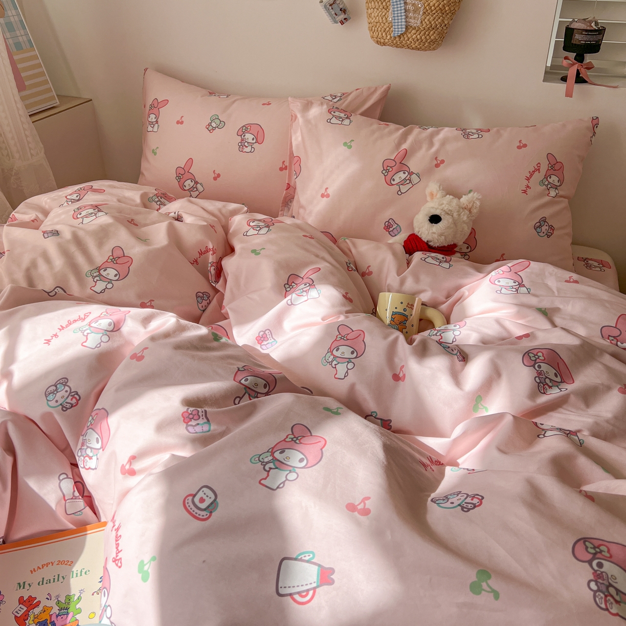 91家纺网 家纺一手货源 找家纺 耀悦家纺 2026新款纯棉四件套正版授权三丽鸥卡通床单床笠被套枕套 美乐蒂元气