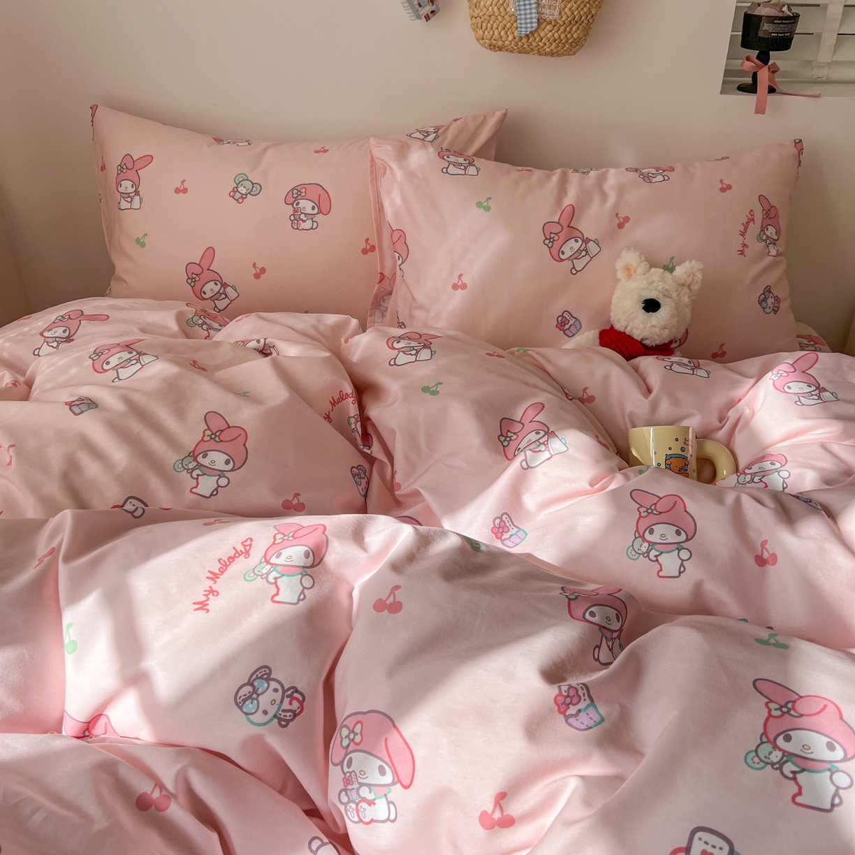 91家纺网 家纺一手货源 找家纺 耀悦家纺 2026新款纯棉四件套正版授权三丽鸥卡通床单床笠被套枕套 美乐蒂元气