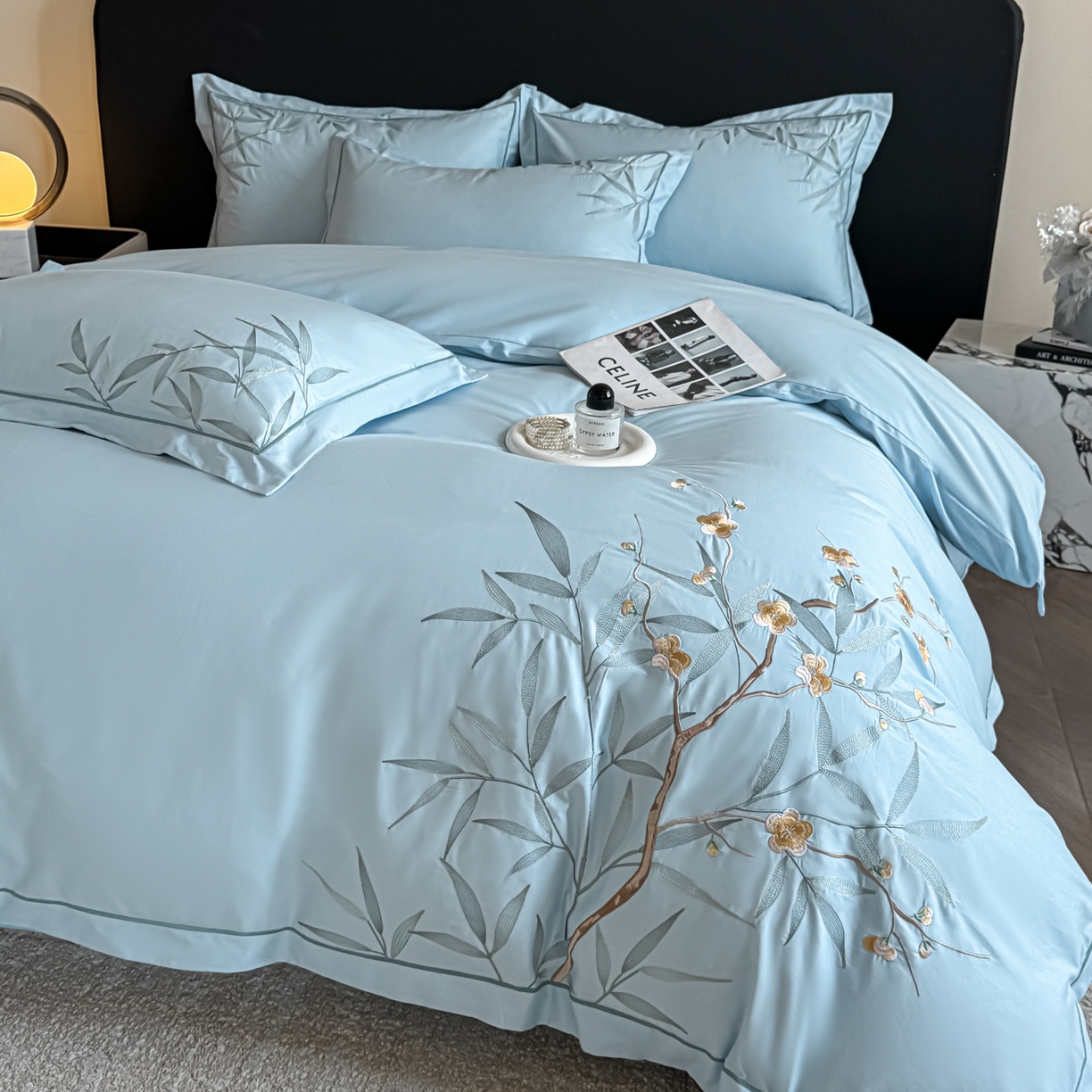 91家纺网 家纺一手货源 找家纺 湘雪家居 2026新款纯棉全棉长绒棉刺绣绣花高端礼盒四件套-竹韵系列 竹韵-水绿