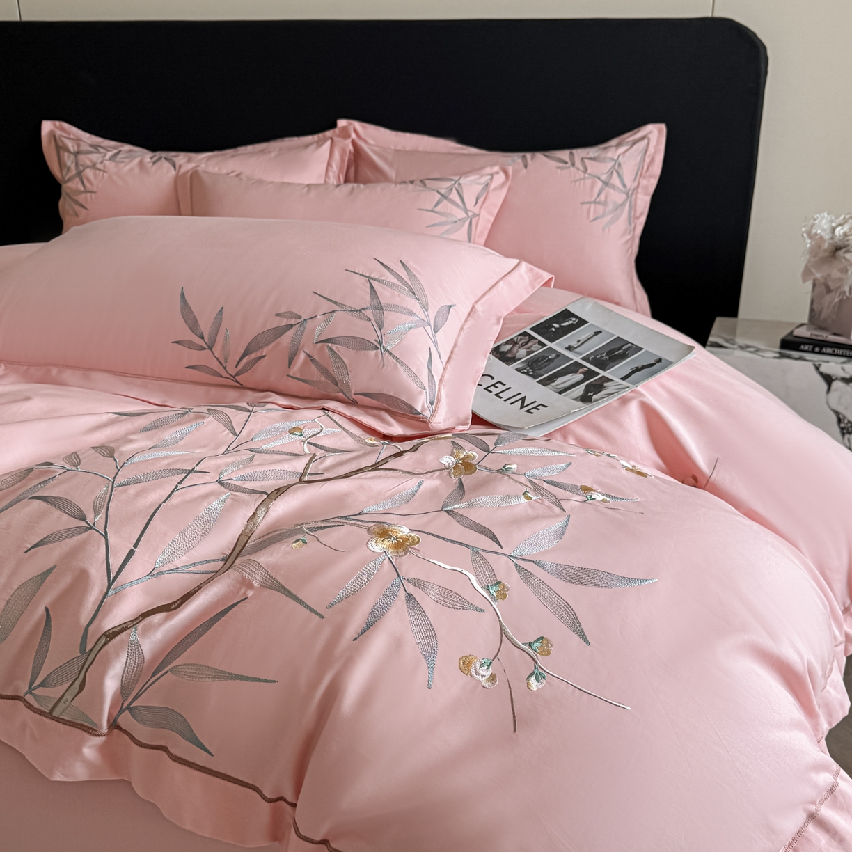 91家纺网 家纺一手货源 找家纺 湘雪家居 2026新款纯棉全棉长绒棉刺绣绣花高端礼盒四件套-竹韵系列 竹韵-粉玉