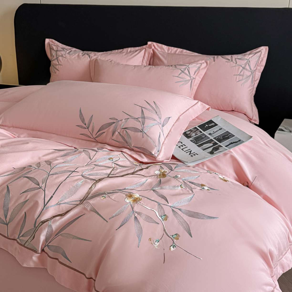 91家纺网 家纺一手货源 找家纺 湘雪家居 2026新款纯棉全棉长绒棉刺绣绣花高端礼盒四件套-竹韵系列 竹韵-粉玉