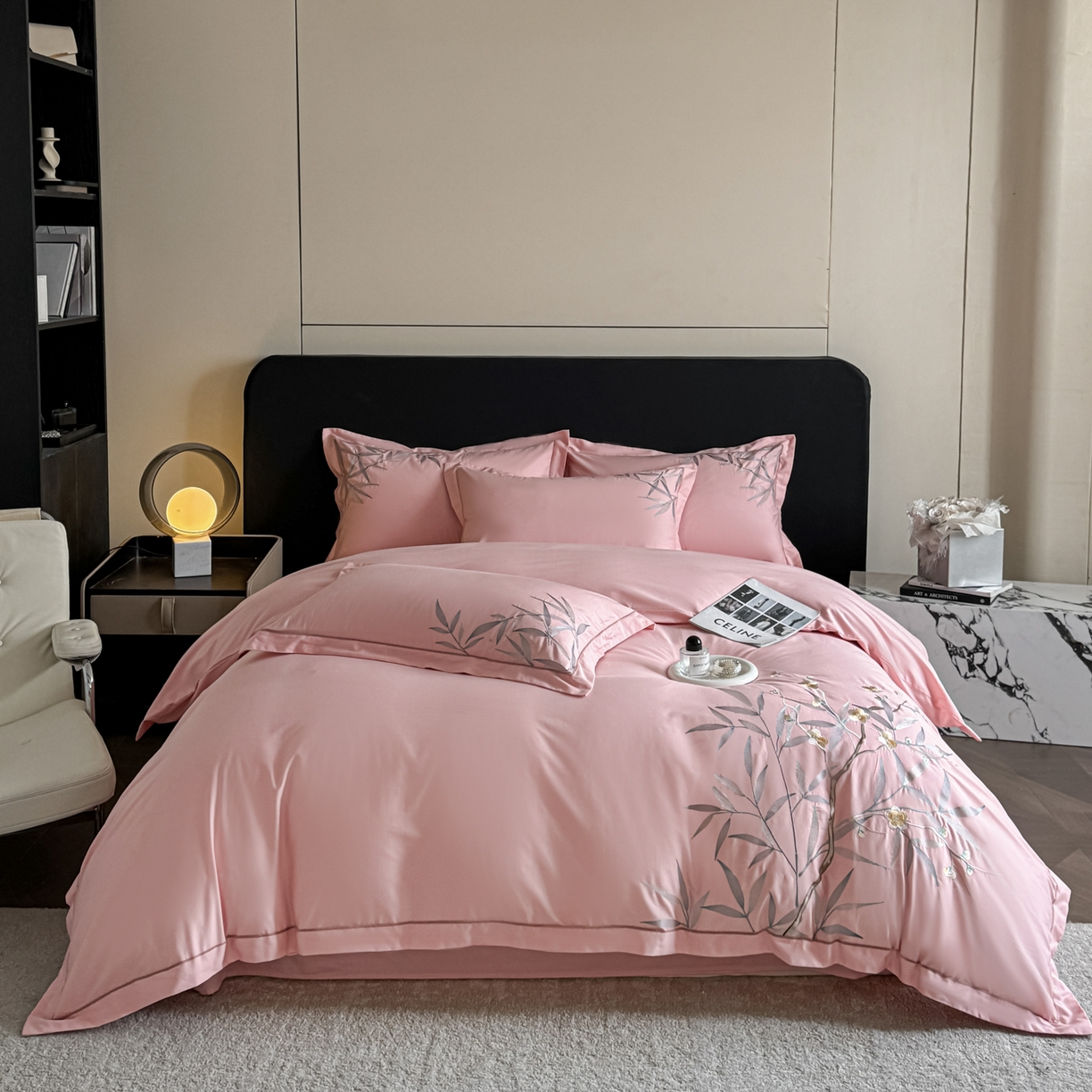 91家纺网 家纺一手货源 找家纺 湘雪家居 2026新款纯棉全棉长绒棉刺绣绣花高端礼盒四件套-竹韵系列 竹韵-粉玉