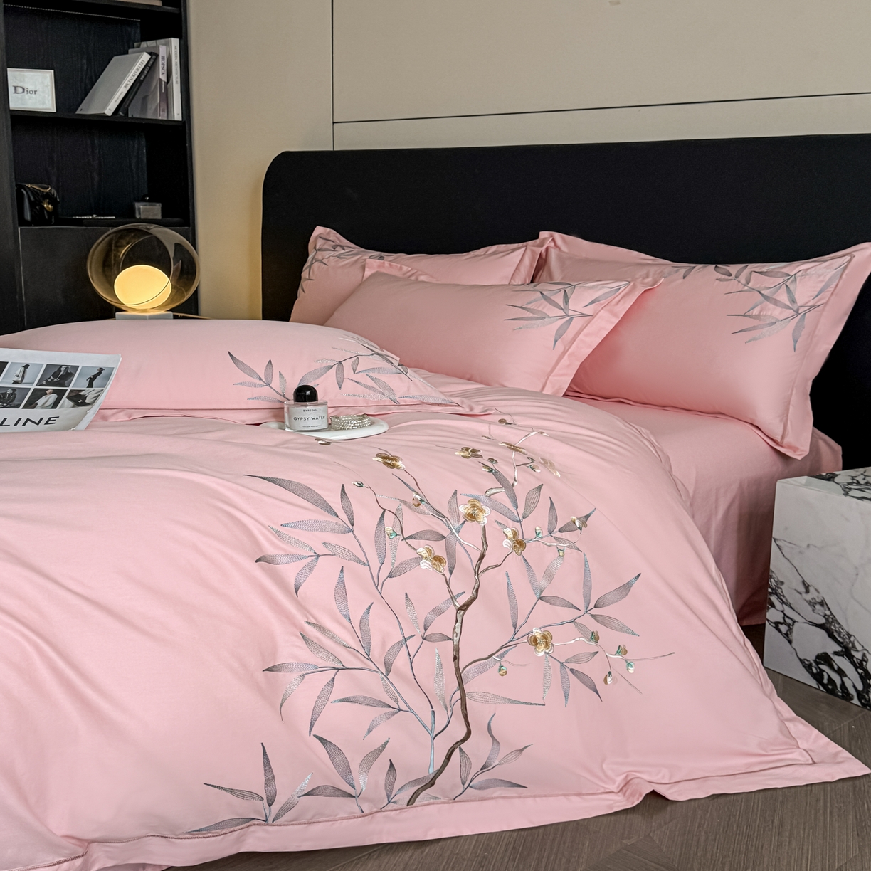 91家纺网 家纺一手货源 找家纺 湘雪家居 2026新款纯棉全棉长绒棉刺绣绣花高端礼盒四件套-竹韵系列 竹韵-粉玉