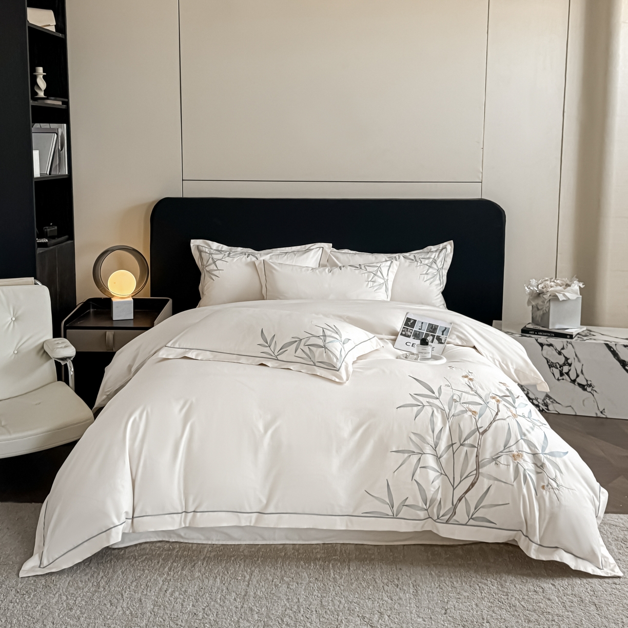 91家纺网 家纺一手货源 找家纺 湘雪家居 2026新款纯棉全棉长绒棉刺绣绣花高端礼盒四件套-竹韵系列 竹韵-高雅白