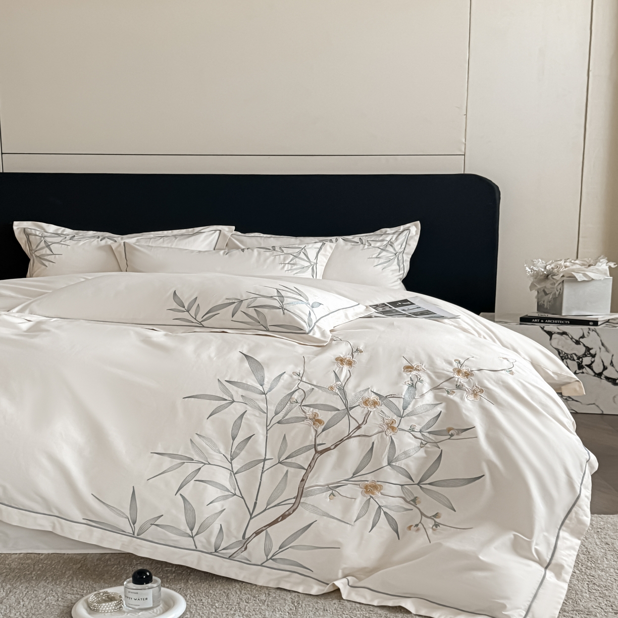 91家纺网 家纺一手货源 找家纺 湘雪家居 2026新款纯棉全棉长绒棉刺绣绣花高端礼盒四件套-竹韵系列 竹韵-高雅白