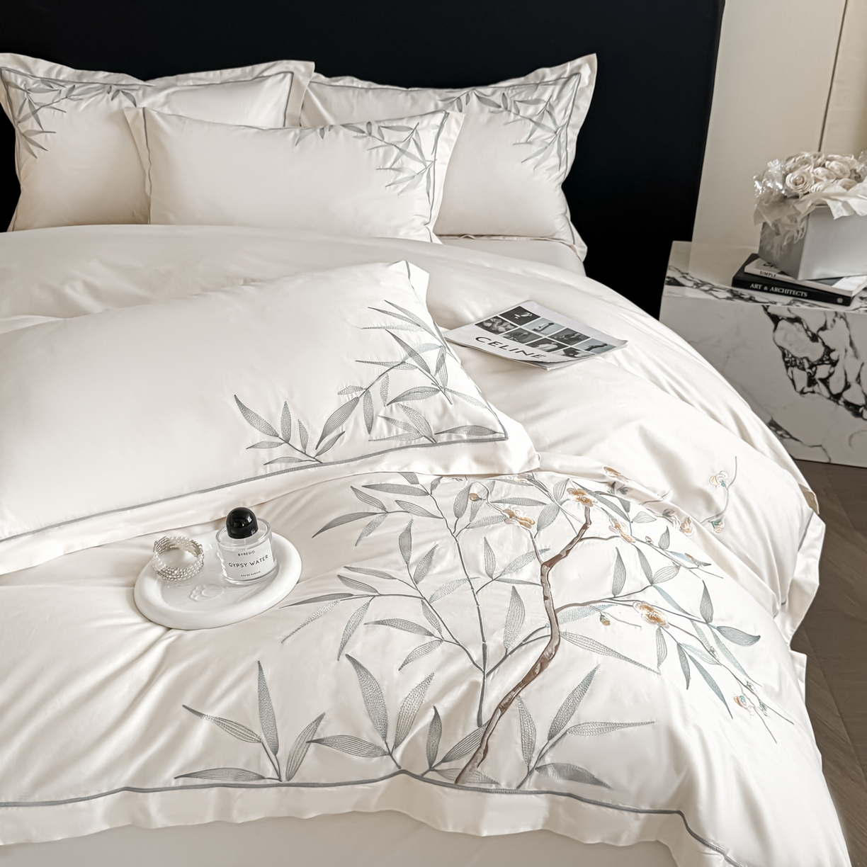 91家纺网 家纺一手货源 找家纺 湘雪家居 2026新款纯棉全棉长绒棉刺绣绣花高端礼盒四件套-竹韵系列 竹韵-高雅白