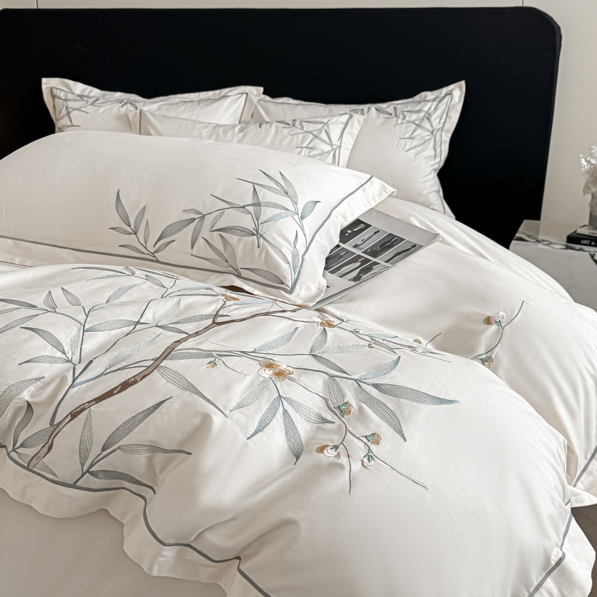 91家纺网 家纺一手货源 找家纺 湘雪家居 2026新款纯棉全棉长绒棉刺绣绣花高端礼盒四件套-竹韵系列 竹韵-高雅白