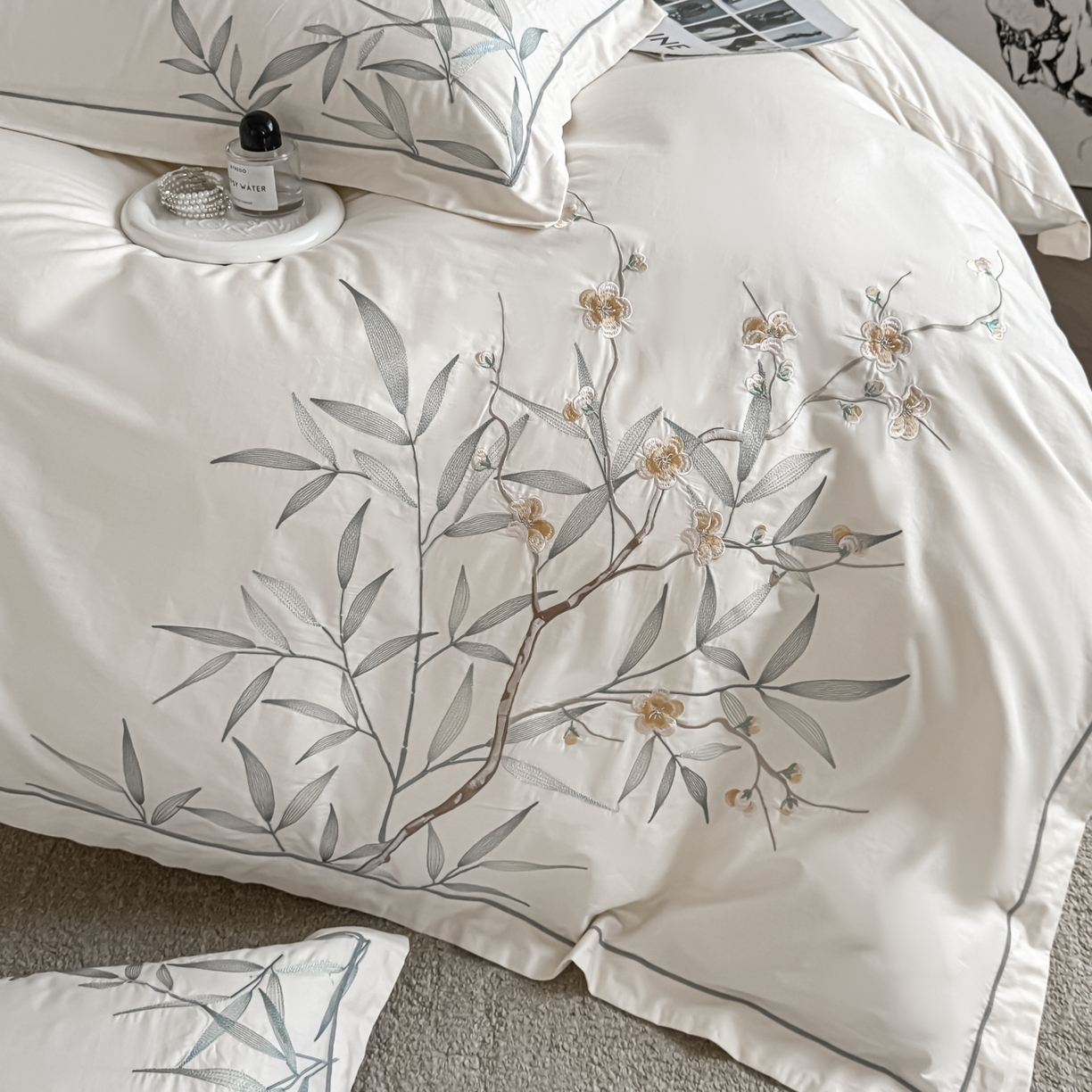 91家纺网 家纺一手货源 找家纺 湘雪家居 2026新款纯棉全棉长绒棉刺绣绣花高端礼盒四件套-竹韵系列 竹韵-高雅白