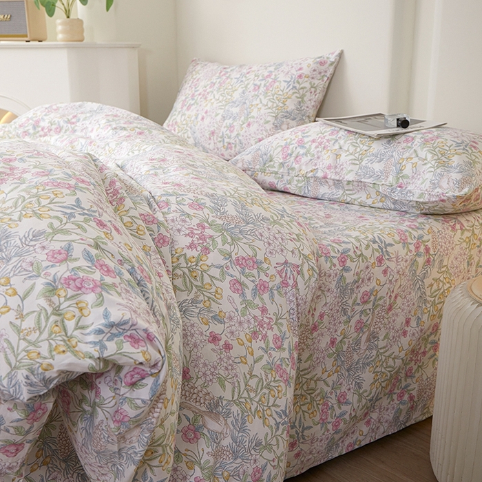 91家纺网 家纺一手货源 找家纺 一米阳光 2026年春夏新款小清新全AA版全棉纯棉四件套 爱怜说---白