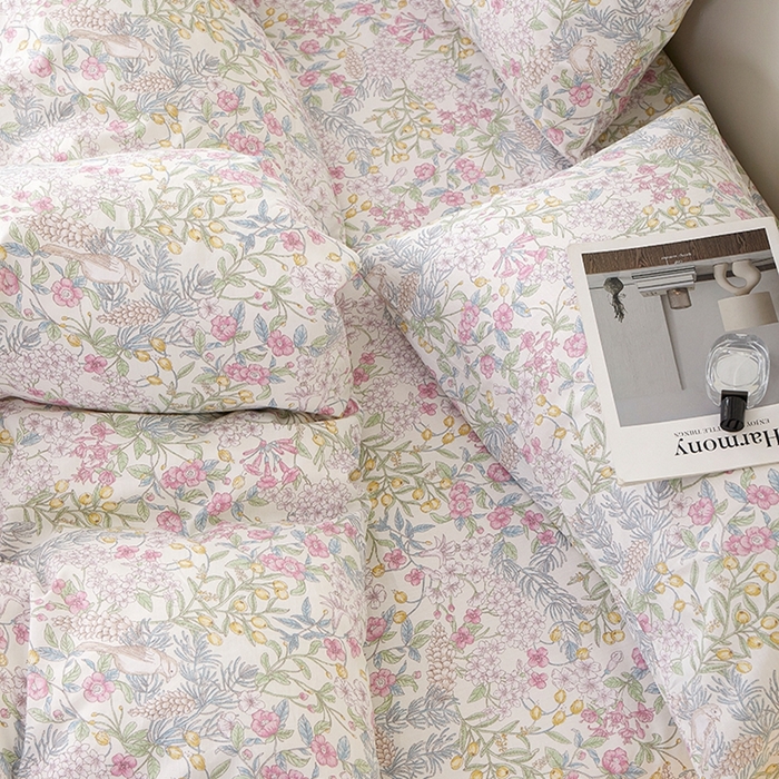 91家纺网 家纺一手货源 找家纺 一米阳光 2026年春夏新款小清新全AA版全棉纯棉四件套 爱怜说---白