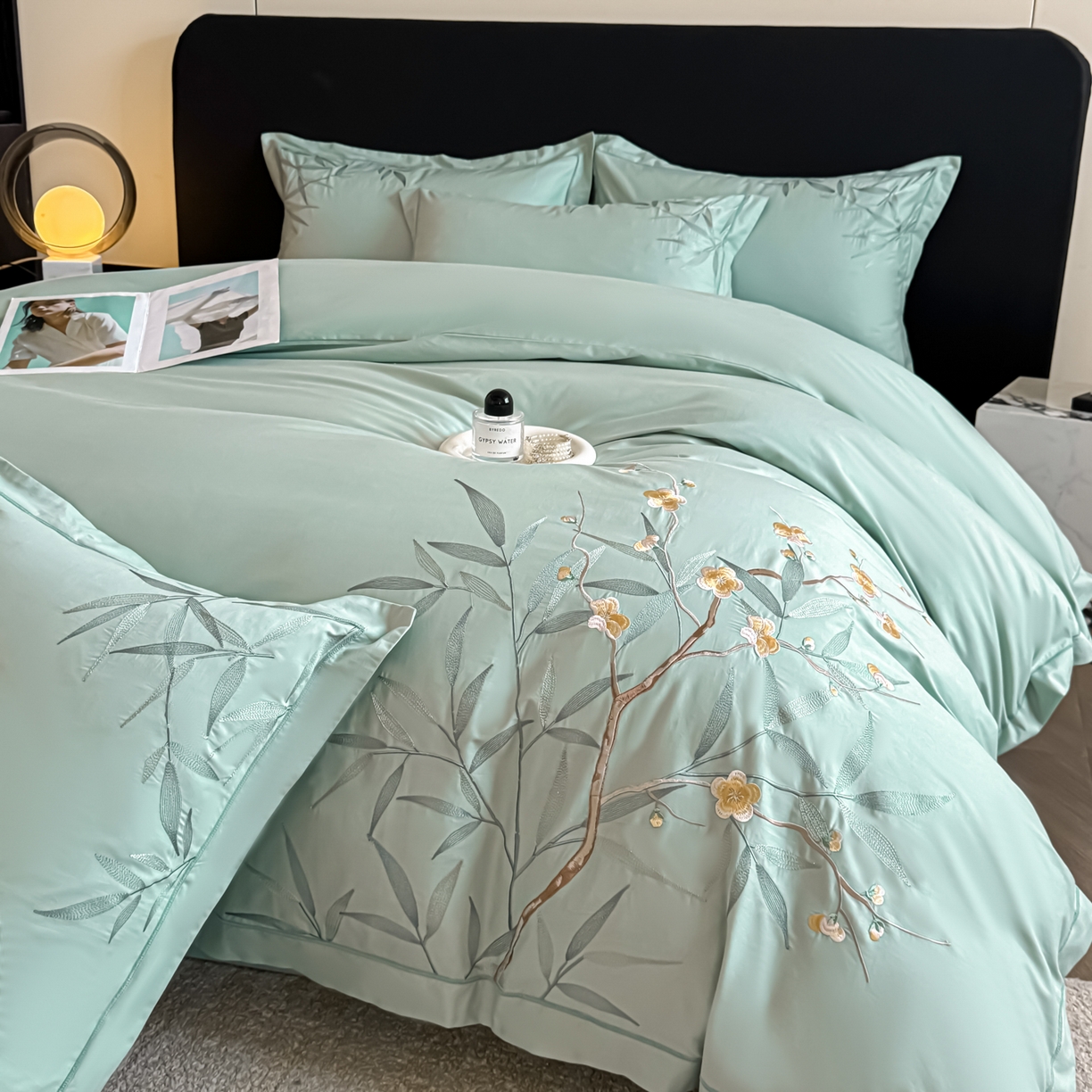 91家纺网 家纺一手货源 找家纺 湘雪家居 2026新款纯棉全棉长绒棉刺绣绣花高端礼盒四件套-竹韵系列 竹韵-绿