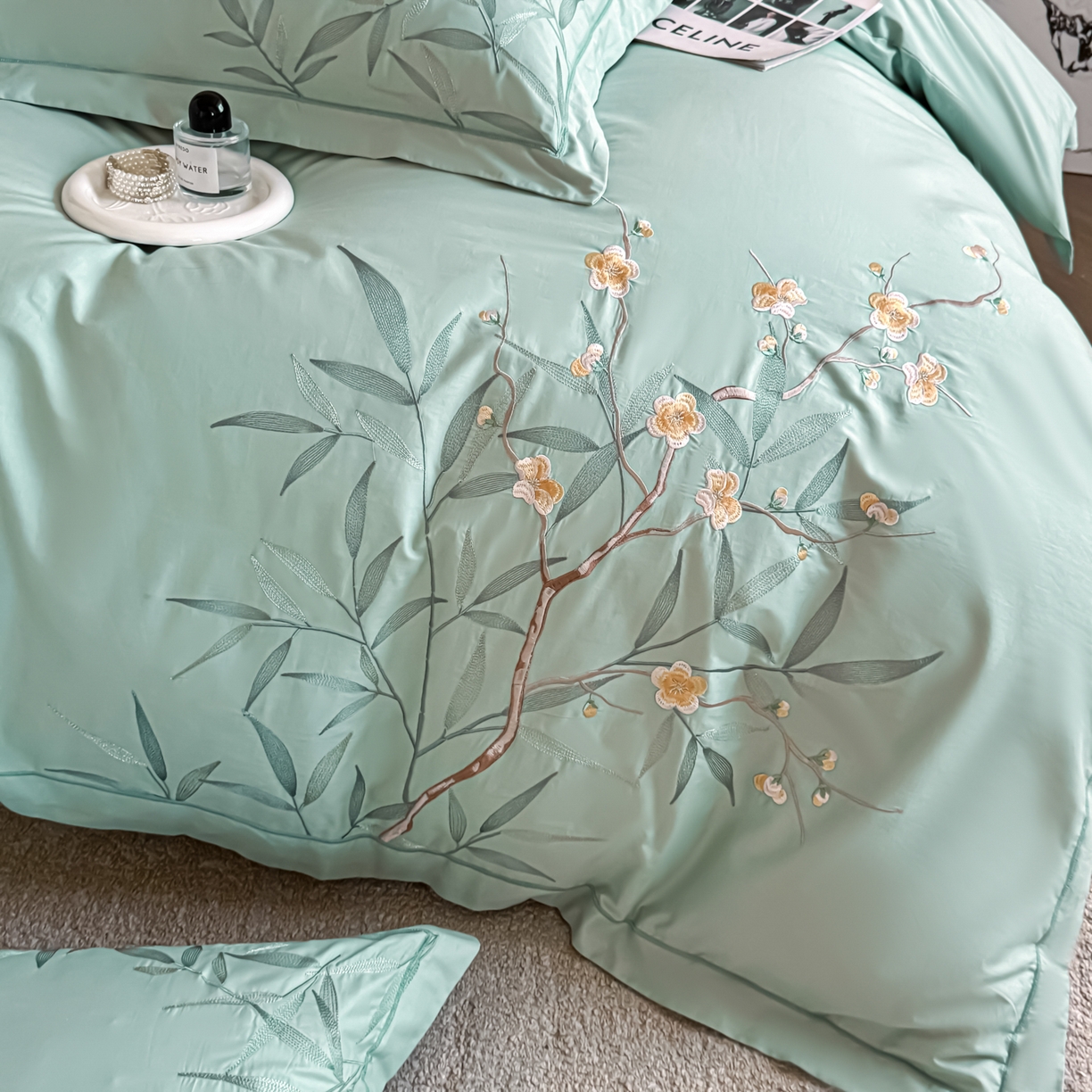 91家纺网 家纺一手货源 找家纺 湘雪家居 2026新款纯棉全棉长绒棉刺绣绣花高端礼盒四件套-竹韵系列 竹韵-绿