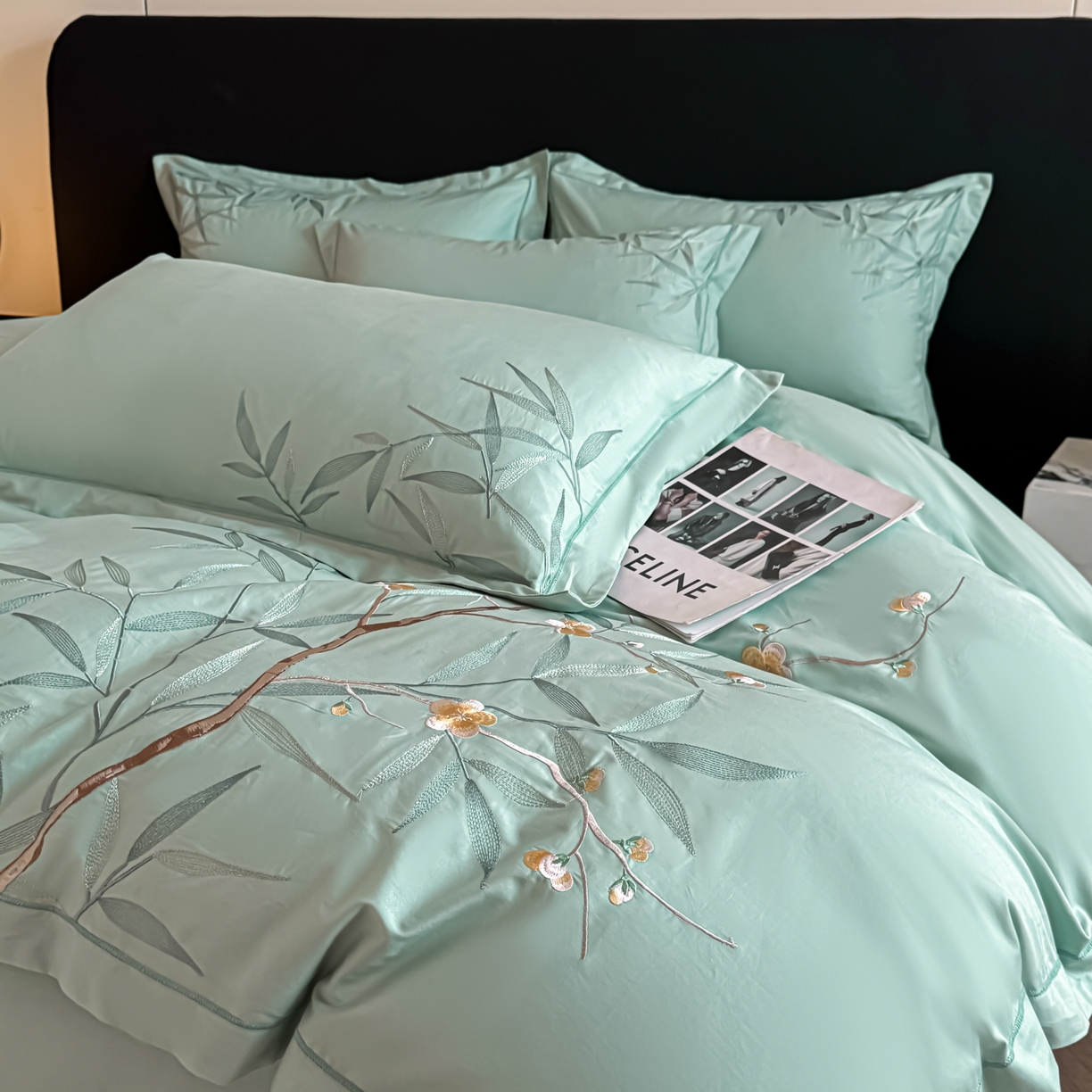 91家纺网 家纺一手货源 找家纺 湘雪家居 2026新款纯棉全棉长绒棉刺绣绣花高端礼盒四件套-竹韵系列 竹韵-绿