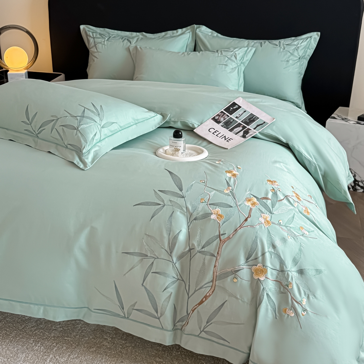 湘雪家居 2026新款纯棉全棉长绒棉刺绣绣花高端礼盒四件套-竹韵系列 竹韵-绿