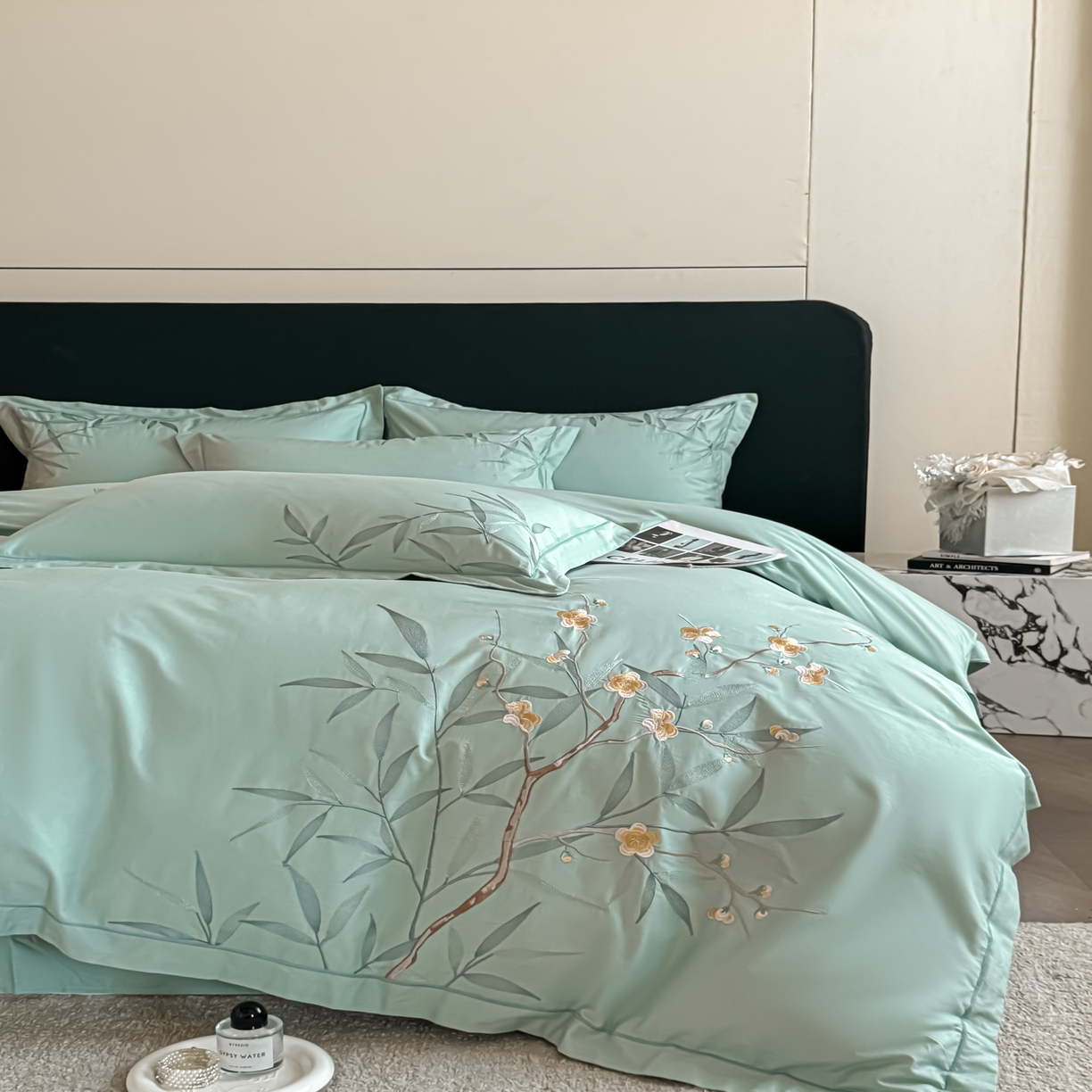 91家纺网 家纺一手货源 找家纺 湘雪家居 2026新款纯棉全棉长绒棉刺绣绣花高端礼盒四件套-竹韵系列 竹韵-绿