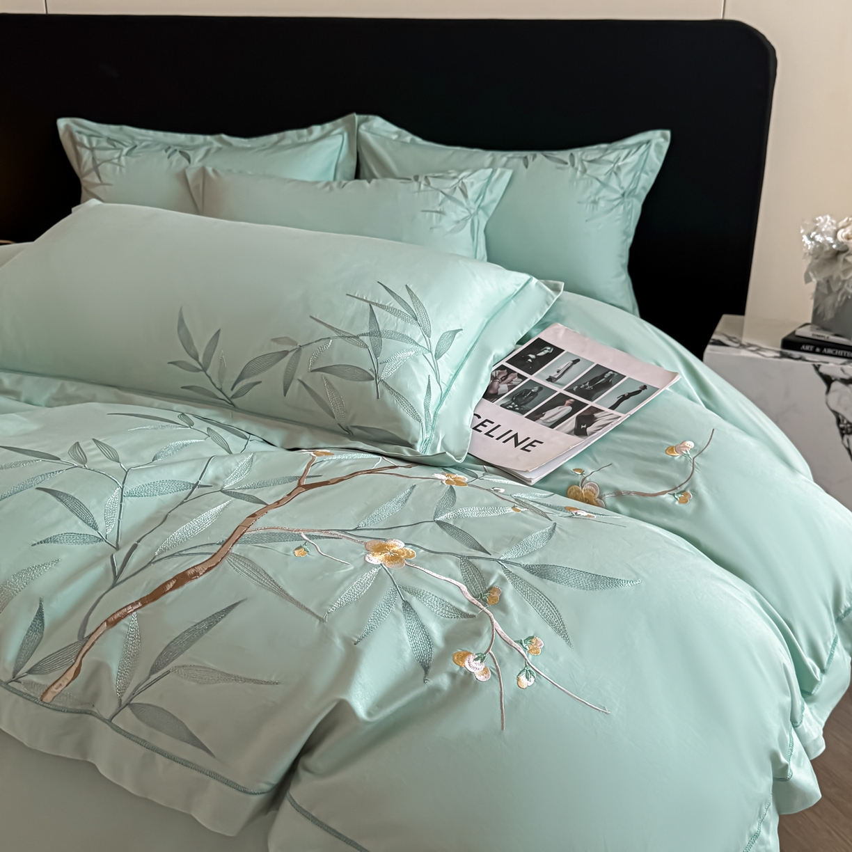 91家纺网 家纺一手货源 找家纺 湘雪家居 2026新款纯棉全棉长绒棉刺绣绣花高端礼盒四件套-竹韵系列 竹韵-绿