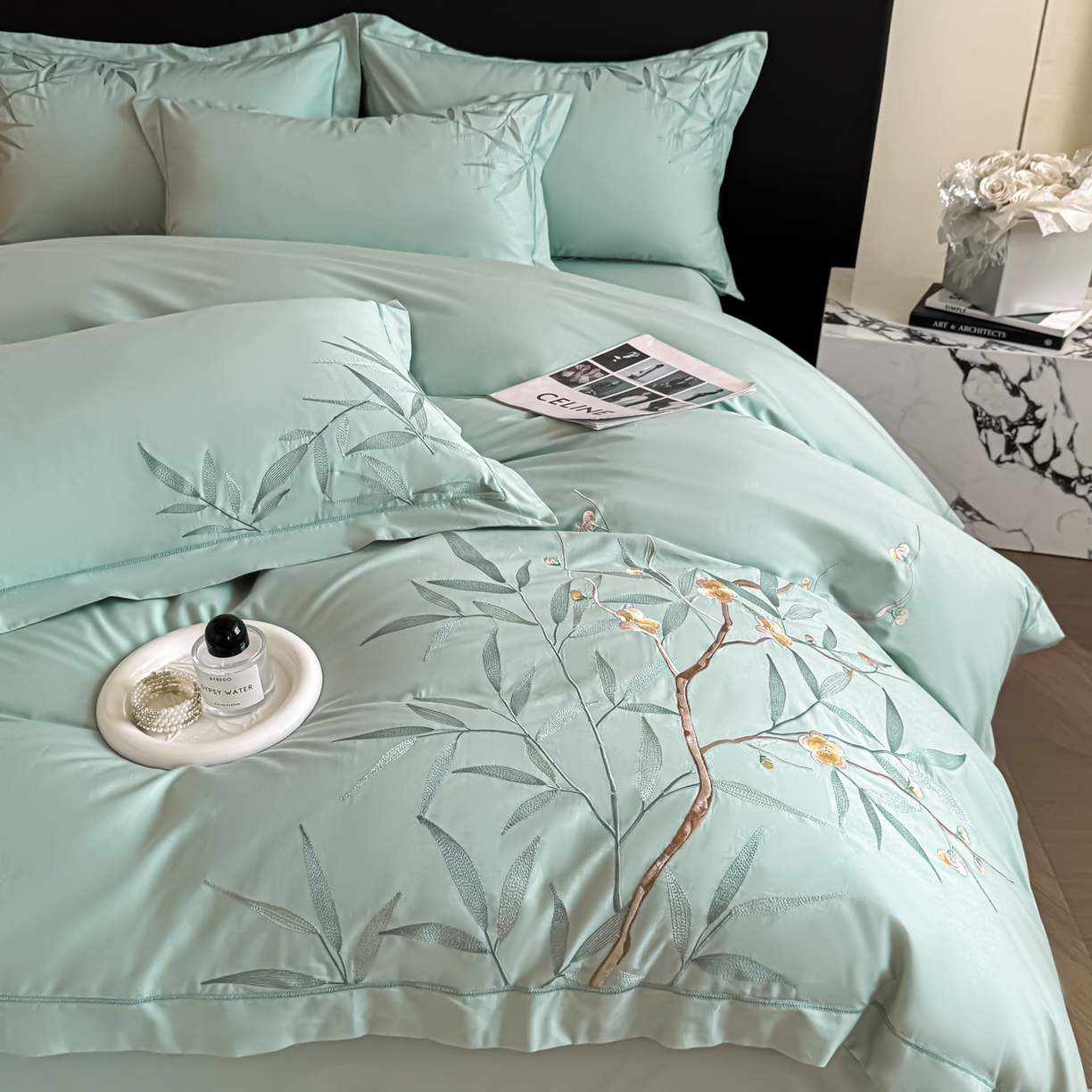 91家纺网 家纺一手货源 找家纺 湘雪家居 2026新款纯棉全棉长绒棉刺绣绣花高端礼盒四件套-竹韵系列 竹韵-绿