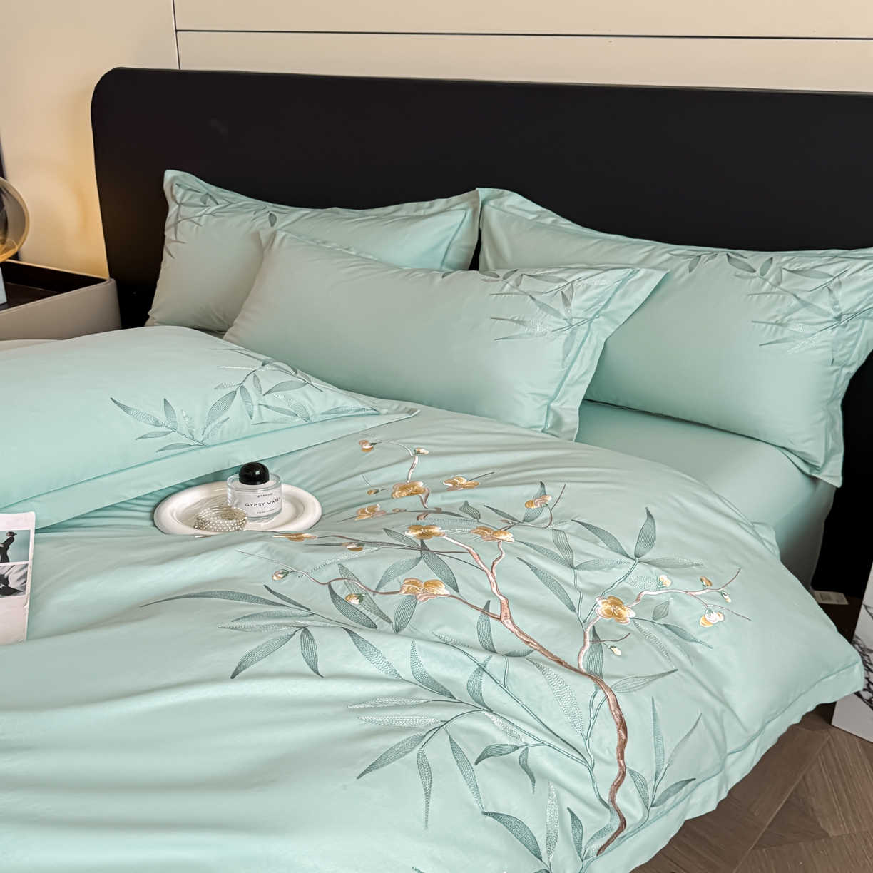 91家纺网 家纺一手货源 找家纺 湘雪家居 2026新款纯棉全棉长绒棉刺绣绣花高端礼盒四件套-竹韵系列 竹韵-绿