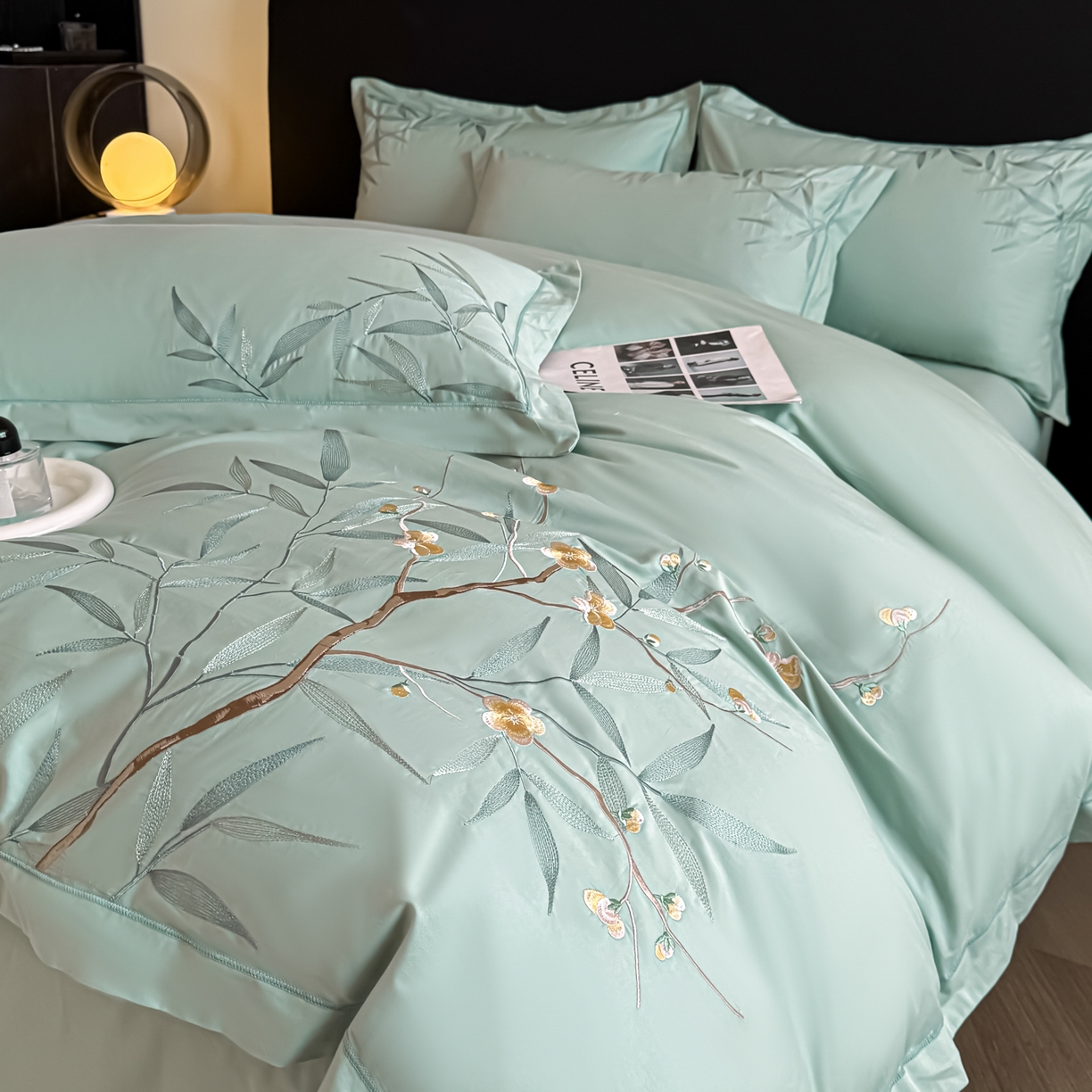 91家纺网 家纺一手货源 找家纺 湘雪家居 2026新款纯棉全棉长绒棉刺绣绣花高端礼盒四件套-竹韵系列 竹韵-绿