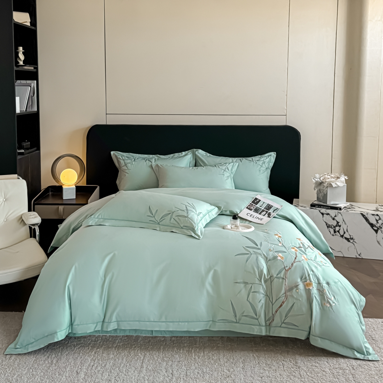 91家纺网 家纺一手货源 找家纺 湘雪家居 2026新款纯棉全棉长绒棉刺绣绣花高端礼盒四件套-竹韵系列 竹韵-绿