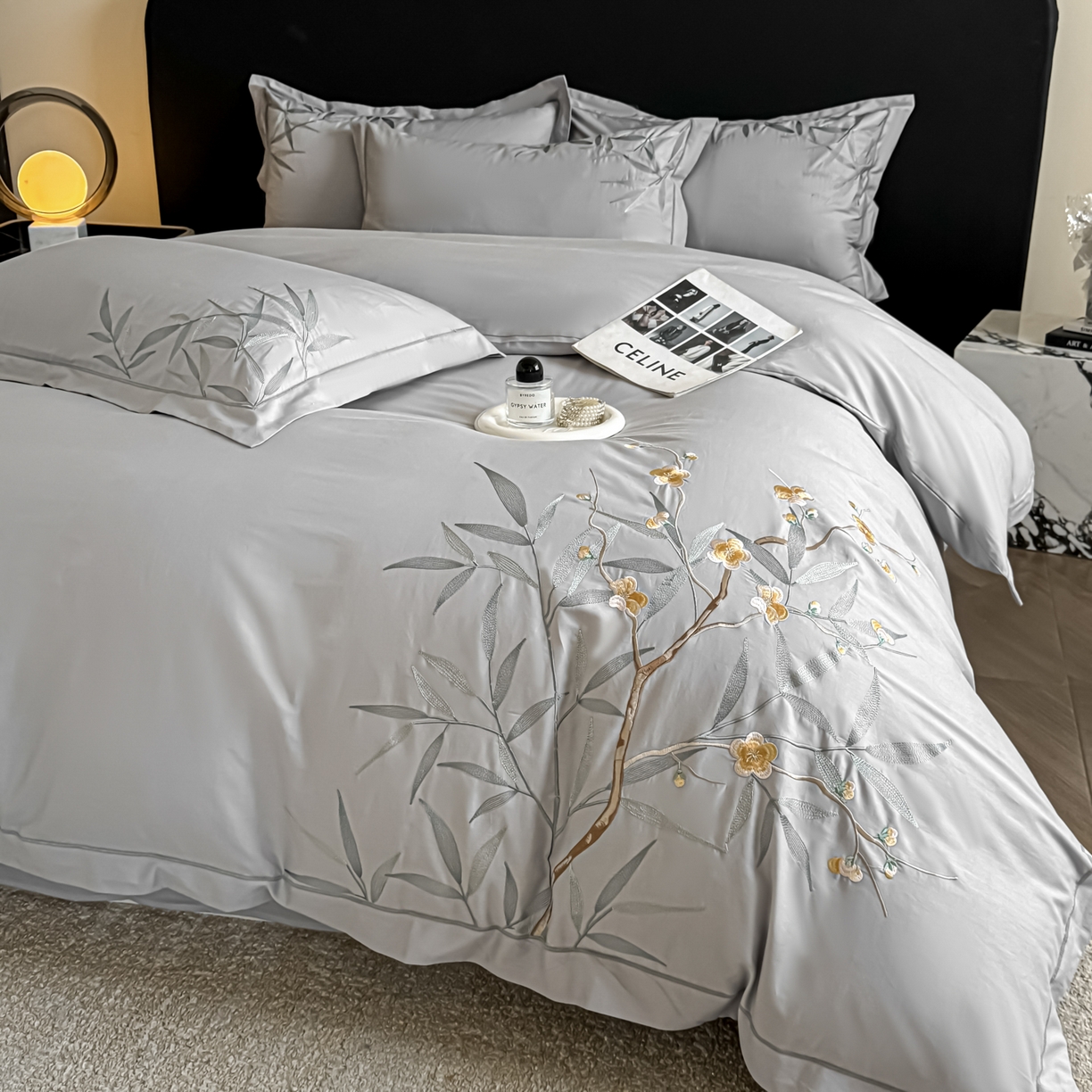 湘雪家居 2026新款纯棉全棉长绒棉刺绣绣花高端礼盒四件套-竹韵系列 竹韵-浅灰