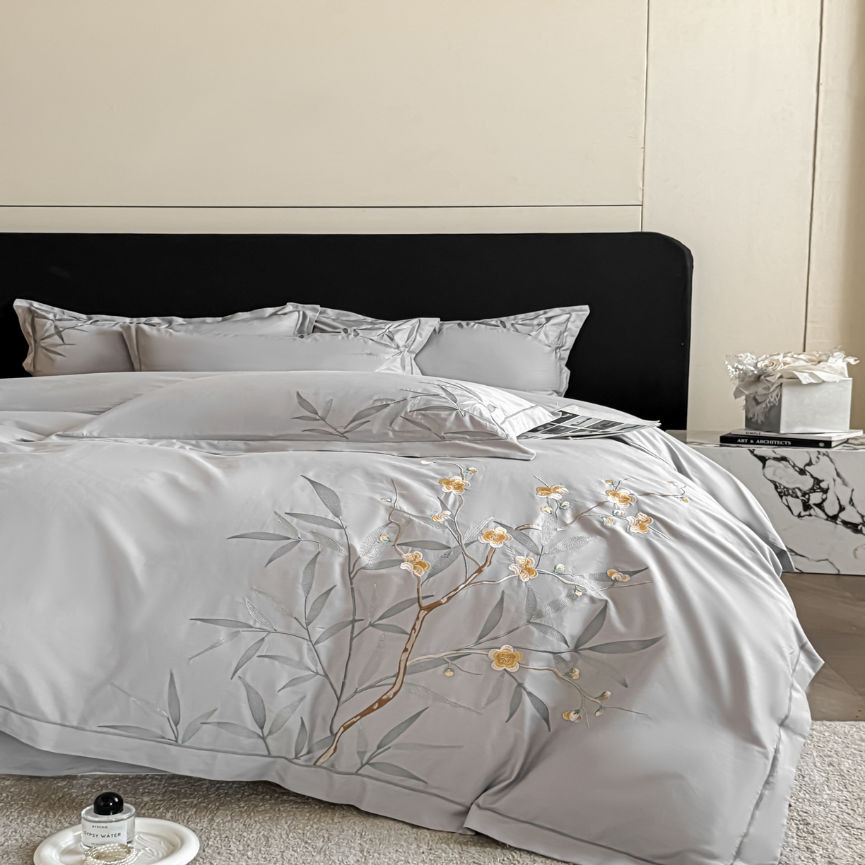 91家纺网 家纺一手货源 找家纺 湘雪家居 2026新款纯棉全棉长绒棉刺绣绣花高端礼盒四件套-竹韵系列 竹韵-浅灰