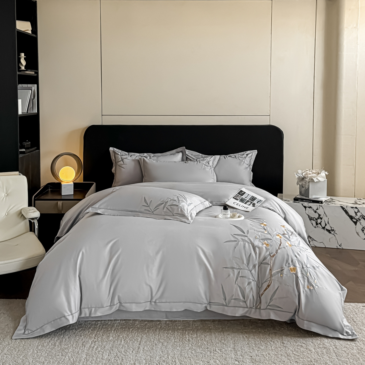 91家纺网 家纺一手货源 找家纺 湘雪家居 2026新款纯棉全棉长绒棉刺绣绣花高端礼盒四件套-竹韵系列 竹韵-浅灰