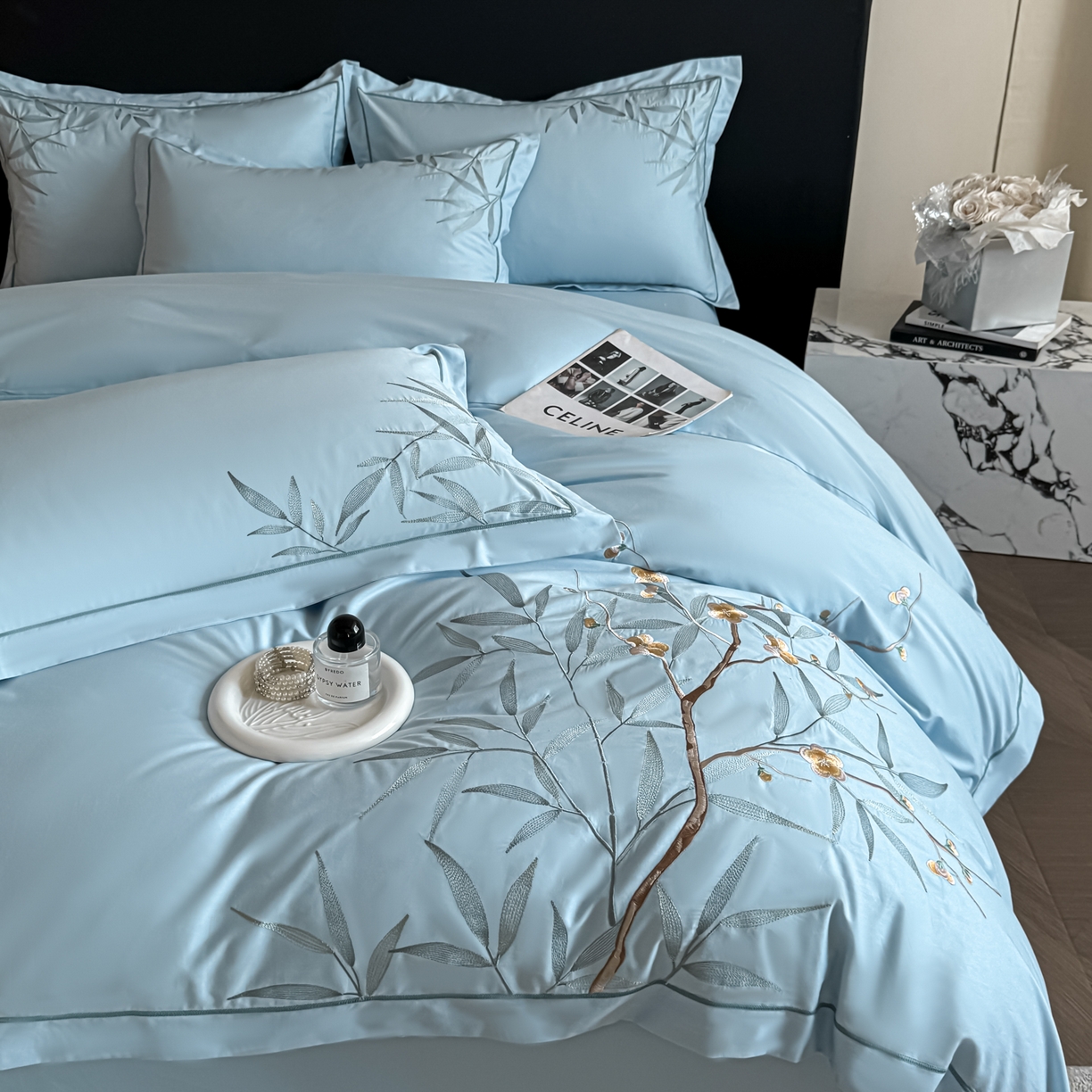 91家纺网 家纺一手货源 找家纺 湘雪家居 2026新款纯棉全棉长绒棉刺绣绣花高端礼盒四件套-竹韵系列 竹韵-水绿