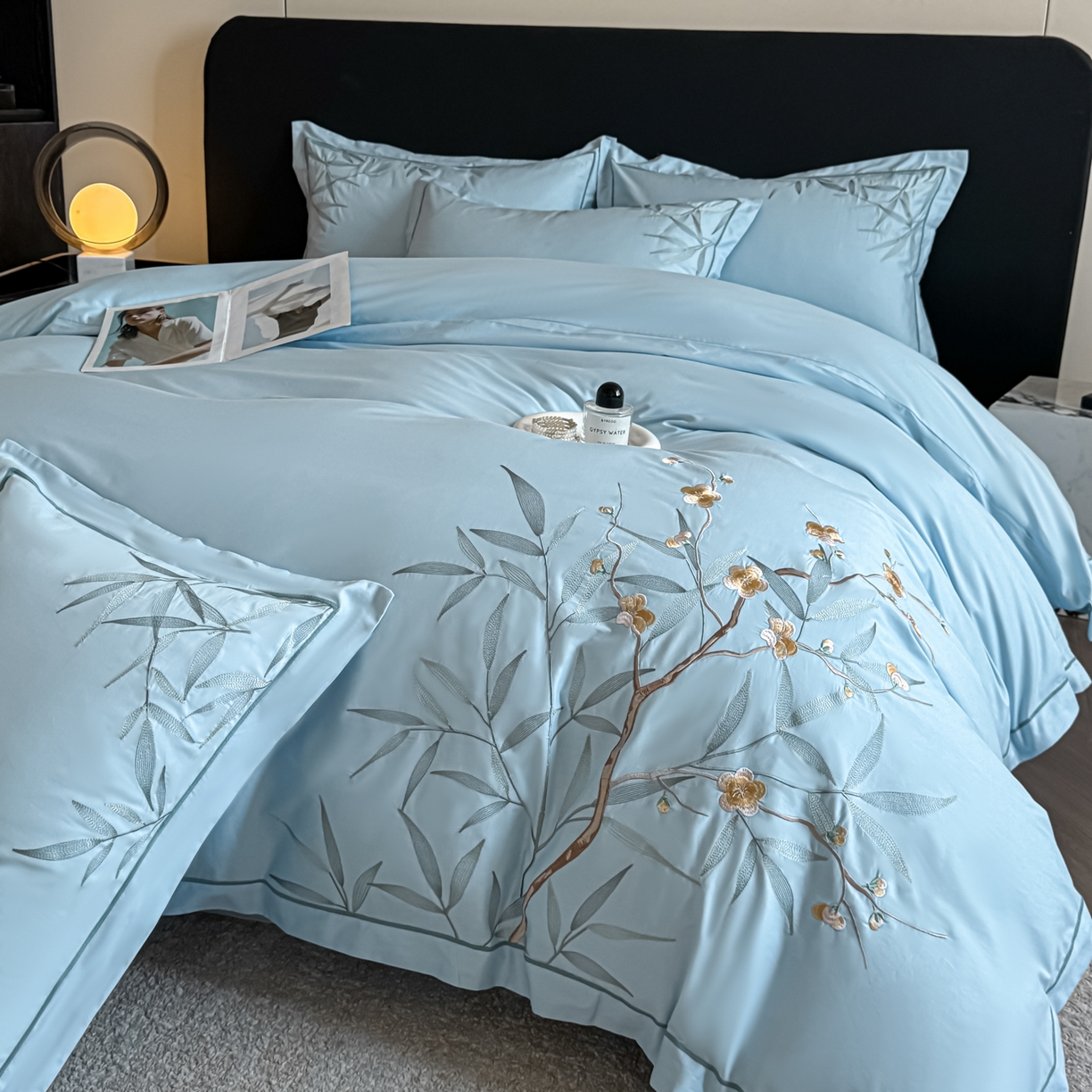 91家纺网 家纺一手货源 找家纺 湘雪家居 2026新款纯棉全棉长绒棉刺绣绣花高端礼盒四件套-竹韵系列 竹韵-水绿