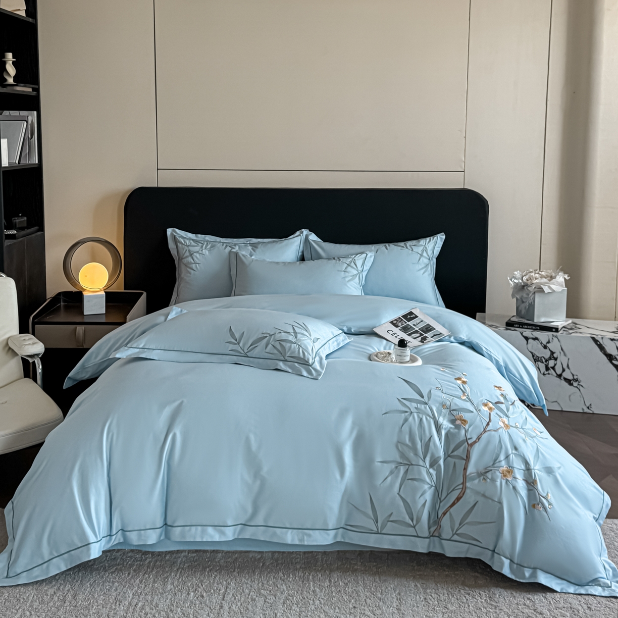 91家纺网 家纺一手货源 找家纺 湘雪家居 2026新款纯棉全棉长绒棉刺绣绣花高端礼盒四件套-竹韵系列 竹韵-水绿